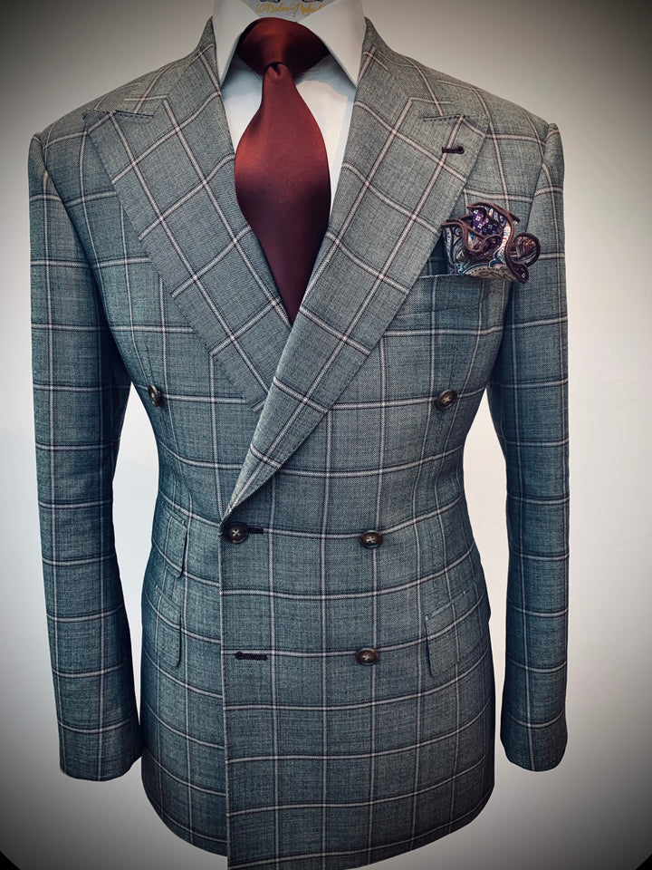 Double Breasted Gray and Burgundy Windowpane Suit