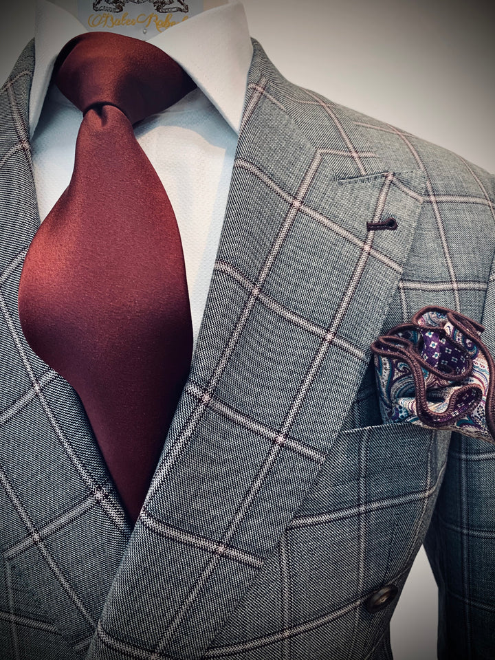 Double Breasted Gray and Burgundy Windowpane Suit