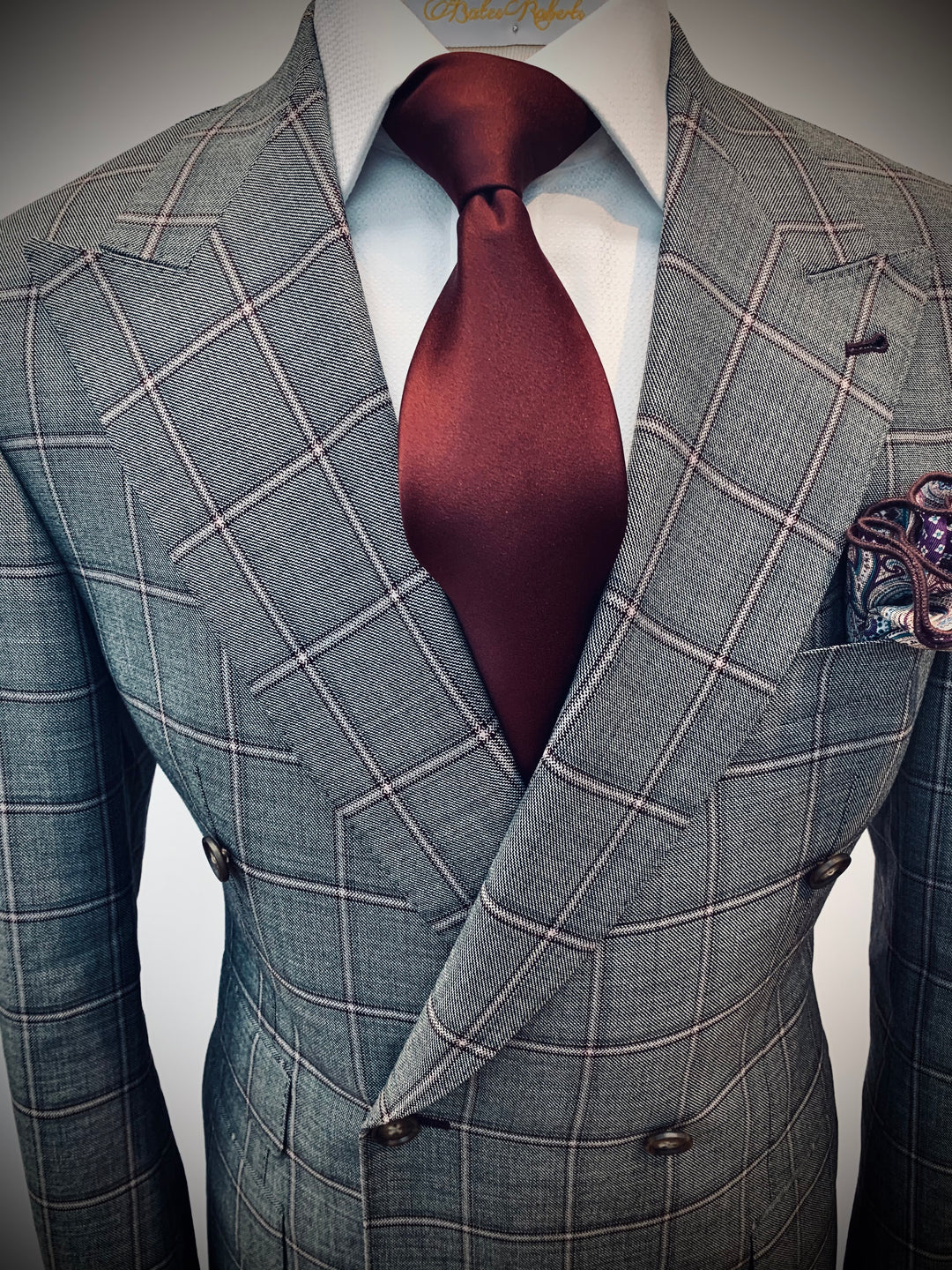 Double Breasted Gray and Burgundy Windowpane Suit