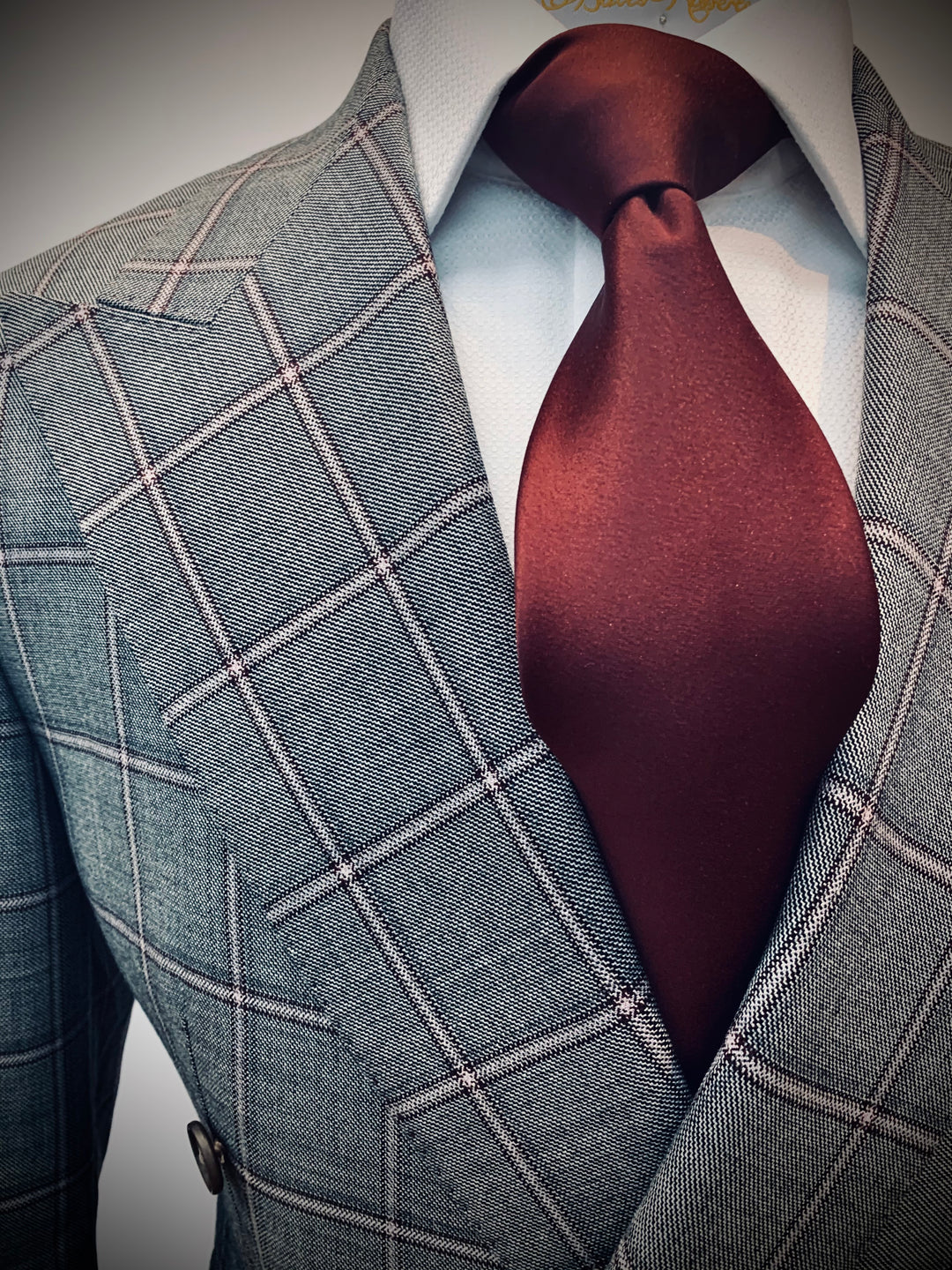 Double Breasted Gray and Burgundy Windowpane Suit