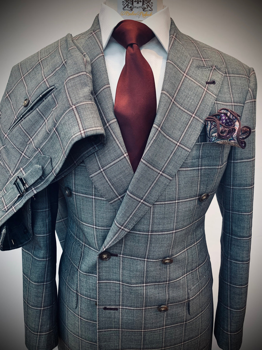 Double Breasted Gray and Burgundy Windowpane Suit