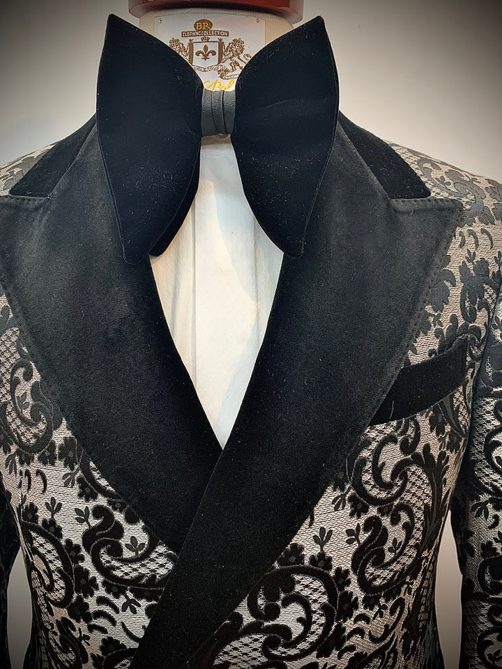 Gray and Black Paisley Double Breasted Tuxedo with Black Pants