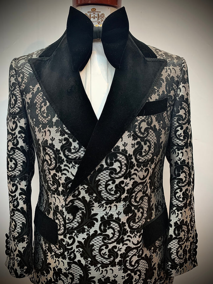 Gray and Black Paisley Double Breasted Tuxedo with Black Pants